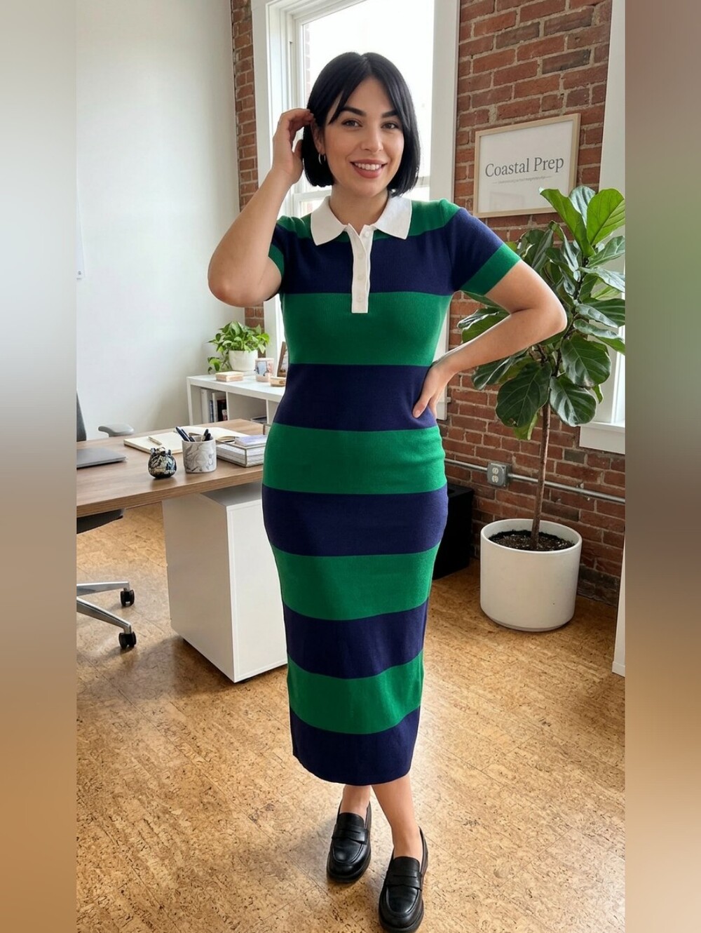 ​Active USA Striped Knit Polo Midi Dress - Navy & Green Preppy Collared Sheath - Picture 2 of 15